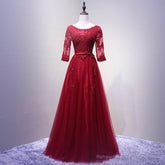 Charming Wine Red Short Sleeves Lace Applique Wedding Party Dress, Formal Gown